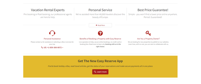 Easy Reserve Homepage, Services Info und App Link