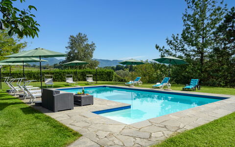 Villa La Collina: Wasser, Pflanze, Himmel, Schwimmbad, Baum, Schatten, Gartenmöbel, Gras, Gebäude, Freizeit