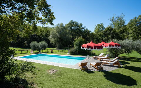 Villa Marina: Pflanze, Wasser, Himmel, Schwimmbad, Schatten, Regenschirm, Baum, Gebäude, Gartenmöbel, Stuhl