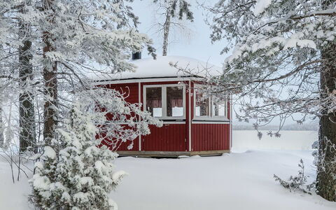 Inninniemi: Holz, Hütte, Blockhaus, Wald, Schuppen, Gartenbauten, Lärche, Wald, Holzbeize