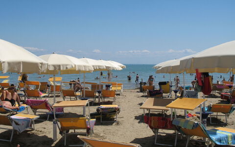 Lignano Pineta 642: Wasser, Himmel, Möbel, Stuhl, Gartenmöbel, Strand, Schatten, Regenschirm, Gewässer
