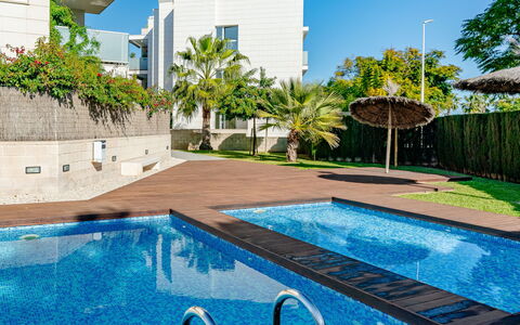 Jávea 734: Schwimmbad, Wohnung, Eigentumswohnung, Resort, Schatten, Garten, Landscaping, Eco Hotel, Gartenmöbel
