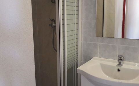 Le Barcarès 210: Braun, Spiegel, Zapfhahn, Sinken, Armatur, Bad Sink, Badezimmer, Holz, Tür