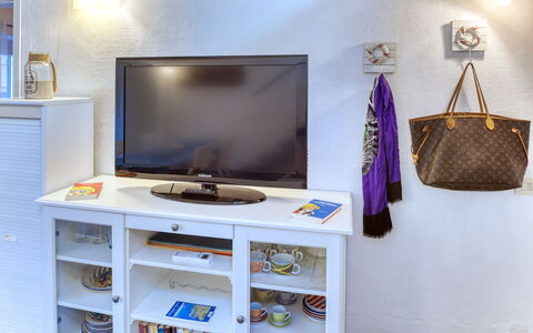 Appartamento Ivana - Levanto: Zimmer, Elektronisches Gerät, Fernsehgerät, Wand, Regale, Regal, Flachbildschirm, Lavendel