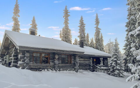 Kelotorppa a: Baum, Bank, Haus, Hütte, See, Teich, Wald, Blockhaus