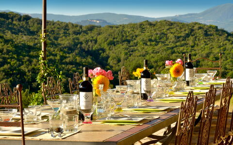 Villa Guardistallo: Himmel, Blume, Tabelle, Geschirr, Eigentum, Pflanze, Berg, Tischdecke, Natur, Stuhl