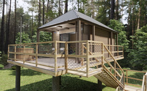 Premium Baumhaus mit 1 Schlafzimmer: Pflanze, Gebäude, Baum, Holz, Rad, Schatten, Himmel, Fenster, Haus, Landschaft