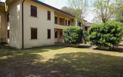 Rosolina Mare 624: Pflanze, Gebäude, Himmel, Fenster, Baum, Grundstueck, Gras, Nachbarschaft, Wand