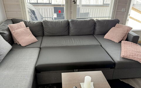 Willa Kiiruna: Wohnzimmer, Couch, Holzboden, Hartholz, Kissen, Kissen, Schlafsofa, Laminatboden, Zimmerpflanze