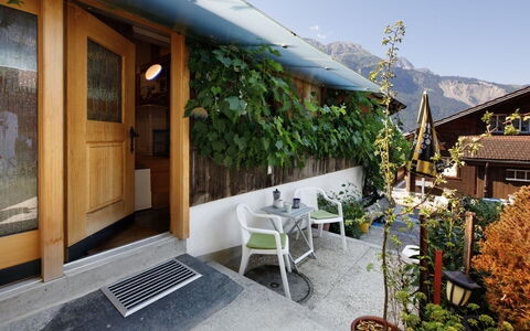 Brienzwiler 125: Blumentopf, Schatten, Zimmerpflanze, Holzbeize, Stuhl, Eco Hotel, Restaurant, Balkon