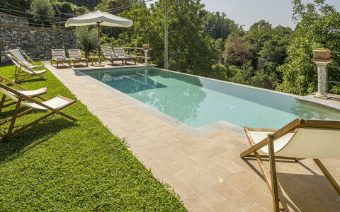 Casa Aurora - Recco, Liguria: Wasser, Eigentum, Pflanze, Schwimmbad, Baum, Gartenmöbel, Schatten, Himmel, Gras, Gebäude