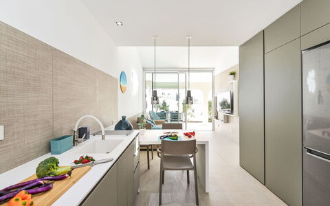 Velsuites 1: Küche, Interior Design, Flooring, Countertop, Möbel, Fussboden, Holz, Zuhause, Cabinetry, Decke