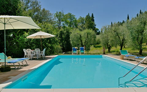 Torre Di Montelopio: Wasser, Schwimmbad, Möbel, Pflanze, Himmel, Stuhl, Natur, Azurblau, Baum, Gartenmöbel