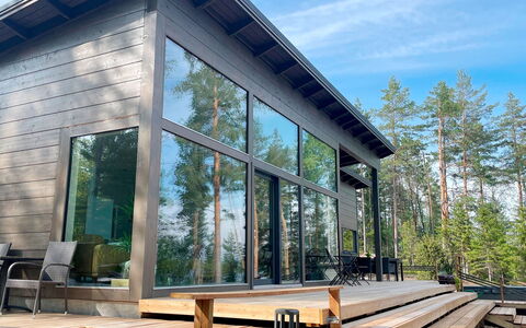Villa Luoto: Holz, Hartholz, Deck, Veranda, Planke, Abstellgleis, Glas, Gartenbauten, Schatten, Blockhaus
