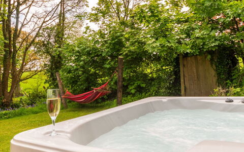 Lodge 4 Hot Tub: Tabelle, Möbel, Eigentum, Pflanze, Blau, Stuhl, Geschirr, Schatten, Interior Design, Gartenmöbel