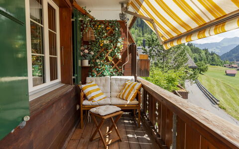 Chalet Anita: Holz, Balkon, Holzbeize, Markise, Blumentopf, Zimmerpflanze, Hartholz, Veranda, Schatten, Design