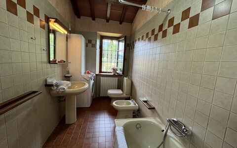 Pinocchio: Zapfhahn, Armatur, Spiegel, Sinken, Badezimmer, Badewanne, Interior Design, Fussboden, Fenster, Holz