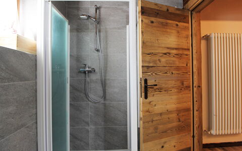 Baita La Ciamorza, Dolomiti, Veneto: Duschtür, Badezimmer, Dusche, Armatur, Tür, Interior Design, Holz, Fussboden, Duschkopf