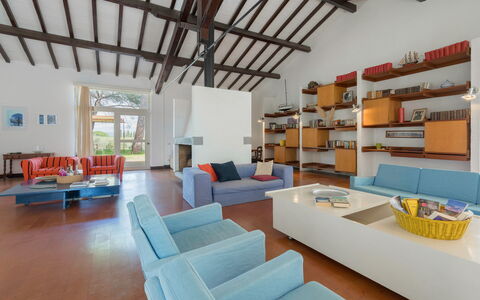 Poggetti San Luigi Country Home Follonica: Möbel, Couch, Regal, Interior Design, Wohnzimmer, Holz, Fussboden, Flooring, Studio Couch, Regale