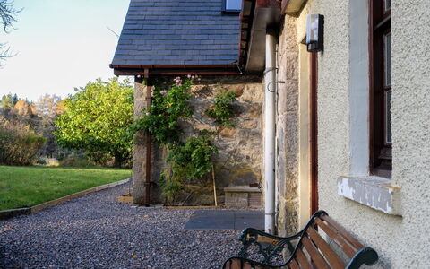 Rose Cottage: Gebäude, Pflanze, Möbel, Tabelle, Stuhl, Fenster, Schatten, Baum, Orange, Gartenmöbel