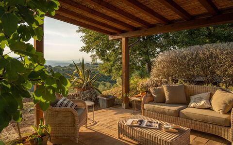 Villa Olivo: Möbel, Holz, Gartenmöbel, Stuhl, Blumentopf, Tabelle, Schatten, Veranda, Garten