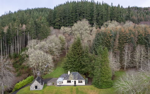 Farmburn Bothy: Baum, Gras, Natur, Strauch, Haus, Landschaft, Hütte, Zuhause, Grundstueck, Ländliches Gebiet