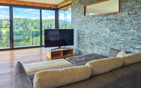 Villa Techelsberg: Flooring, Interior Design, Couch, Wohnzimmer, Holzboden, Steinwand, Hartholz, Holzbeize, Stuhl