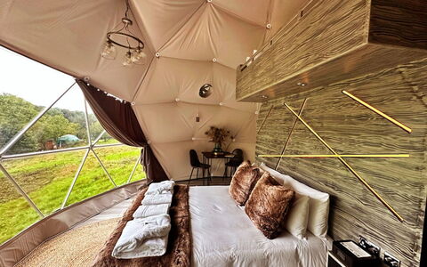 Wakehurst Luxury Dome: Beleuchtung, Möbel, Schlafzimmer, Bett, Bedding, Linens, Kissen, Bettdecke, Design, Camping