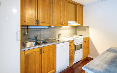 Villa Koski: Küche, Flooring, Küchengerät, Countertop, Holz, Cabinetry, Major Appliance, Fussboden, Interior Design, Sinken