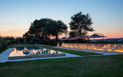 Poggio Mori 20: Schwimmbad, Landschaft, Landscaping, Rasen, Water Feature, Abend, Dämmerung, Park, Reflecting Pool, Schatten