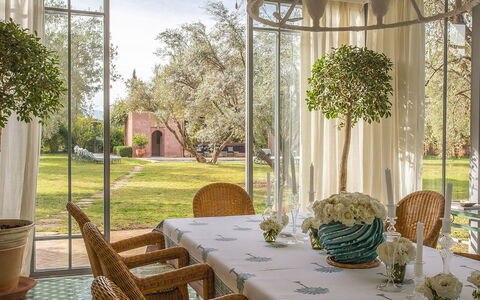 Villa Mauri: Möbel, Stuhl, Tabelle, Interior Design, Küche & Esszimmer Tisch, Beleuchtung, Esszimmer, Schatten, Restaurant, Zimmerpflanze
