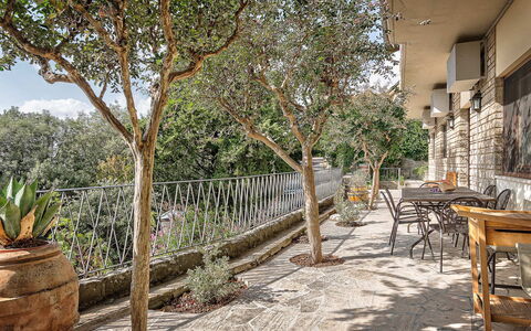 Cortona Deluxe: Schatten, Gartenmöbel, Flagstone, Blumentopf, Stuhl, Zimmerpflanze, Veranda, Zaun, Balkon, Hinterhof
