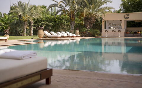 Villa Malak: Schwimmbad, Baum, Resort, Gartenmöbel, Regenschirm, Sonnenliege, Eco Hotel, Hazienda, Schatten, Thermae