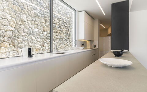 Villa Teseo: Interior Design, Wand, Flooring, Holz, Küche, Countertop, Fussboden, Decke, Beleuchtung, Zuhause