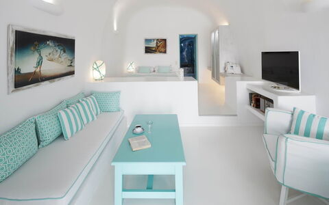 Neli Suite: Blau, Wohnung, Meer, Wohnzimmer, Natürliches Material, Design, Hotel, Resort, Strandresort