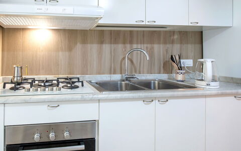 Apartment Bud: Küche, Küchengerät, Countertop, Major Appliance, Cabinetry, Interior Design, Holz, Spüle, Herd, Herd