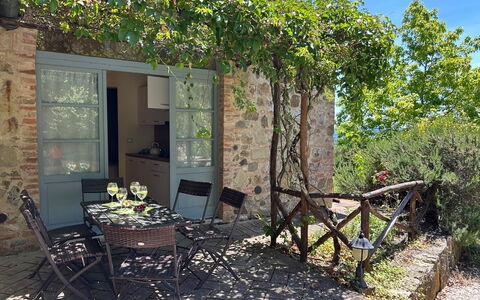 Casa Stella Serena, Podere le Scopaie, Pool: Möbel, Gartenmöbel, Tisch Im Freien, Stuhl, Garten, Blumentopf, Hinterhof, Schatten, Steinwand, Zimmerpflanze