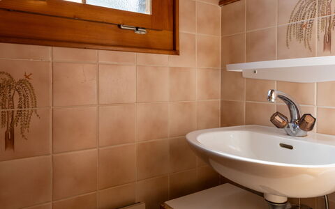 Chalet le Trèfle: Bad Sink, Flooring, Armatur, Wand, Badezimmer, Sinken, Interior Design, Holz, Fussboden, Zapfhahn