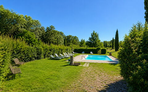 Civico108 Vacation Home, Pool, Castellina in Chian: Strauch, Schwimmbad, Garten, Rasen, Ground, Landscaping, Hecke, Gartenmöbel, Schatten, Estate