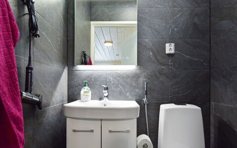 Villa Ruuska: Badezimmer, Armatur, Wand, Interior Design, Flooring, Sinken, Bad Sink, Fussboden, Toilette, Toilleten Sitz