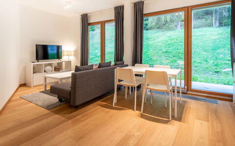 Cuolm Liung Apt. 52: Flooring, Holz, Interior Design, Fussboden, Holzboden, Möbel, Wohnzimmer, Hartholz, Laminatboden, Holzbeize