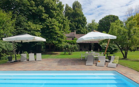 Villa Dorina: Schwimmbad, Resort, Schatten, Gartenmöbel, Estate, Freizeit, Rasen, Hinterhof, Garten, Hazienda