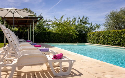 Il Cipresso, Casa Lucia, Cortona: Schwimmbad, Gartenmöbel, Möbel, Verbundwerkstoff, Garten, Schatten, Resort, Regenschirm, Landscaping, Stuhl