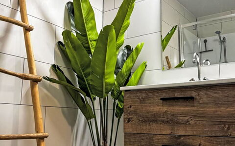 Eifelhuis im Salmtal: Interior Design, Flooring, Fussboden, Badezimmerschrank, Armatur, Zimmerpflanze, Natürliches Material, Badezimmer, Light Fixture, Fliese
