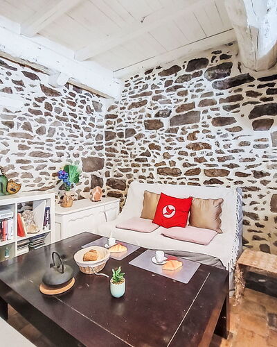 Le Bourg Tressé: Flooring, Fussboden, Decke, Wohnzimmer, Steinwand, Stuhl, Zimmerpflanze, Holzbeize, Kissen
