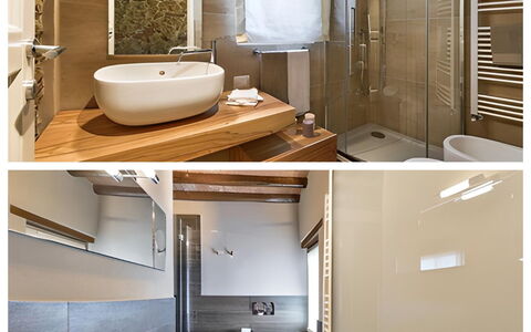 Villa Larino: Badezimmer, Interior Design, Bad Sink, Armatur, Flooring, Sinken, Wand, Fussboden, Spiegel, Holz