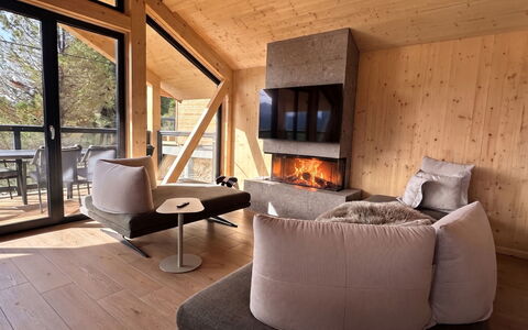 02 Nth050 18A Sup Chalet mit Sauna und Hot Tub 2 e: Holz, Möbel, Hartholz, Holzboden, Wohnzimmer, Zimmer, Hütte, Blockhaus, Holzbeize, Stuhl