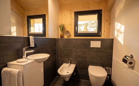 02 Nth056 18G Sup Chalet mit Sauna und Hot Tub 2 e: Wand, Flooring, Holz, Armatur, Badezimmer, Fussboden, Interior Design, Sinken, Toilette, Toilleten Sitz