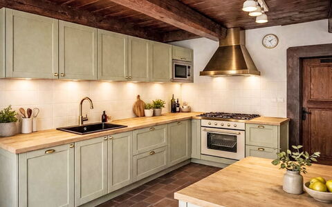 Máchova Roubenka: Küche, Küchengerät, Countertop, Cabinetry, Flooring, Holz, Major Appliance, Interior Design, Möbel, Herd
