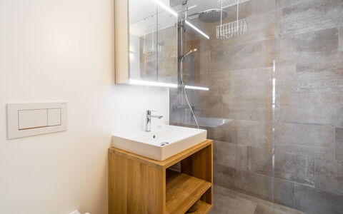 Casa Collina 5I-02: Flooring, Fussboden, Wand, Armatur, Interior Design, Holz, Badezimmer, Bad Sink, Decke, Installation